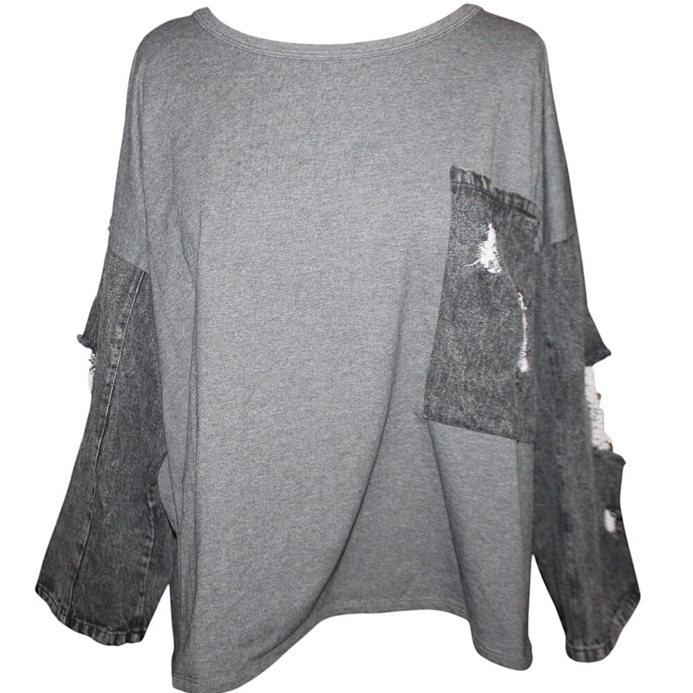 FANTASTIC FAWN Top Sz M Eclectic Denim Sweatshirt Fairy Grunge Rocker Edgy Shirt